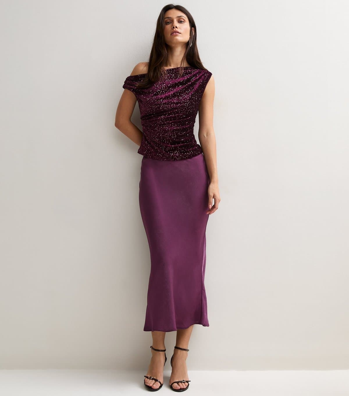 New Look Women's Dark Purple Satin Bias Cut Midi Skirt New Look