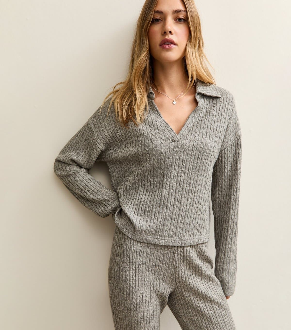 New Look Women's Mid Grey Soft Touch Cable Knit Polo Top New Look