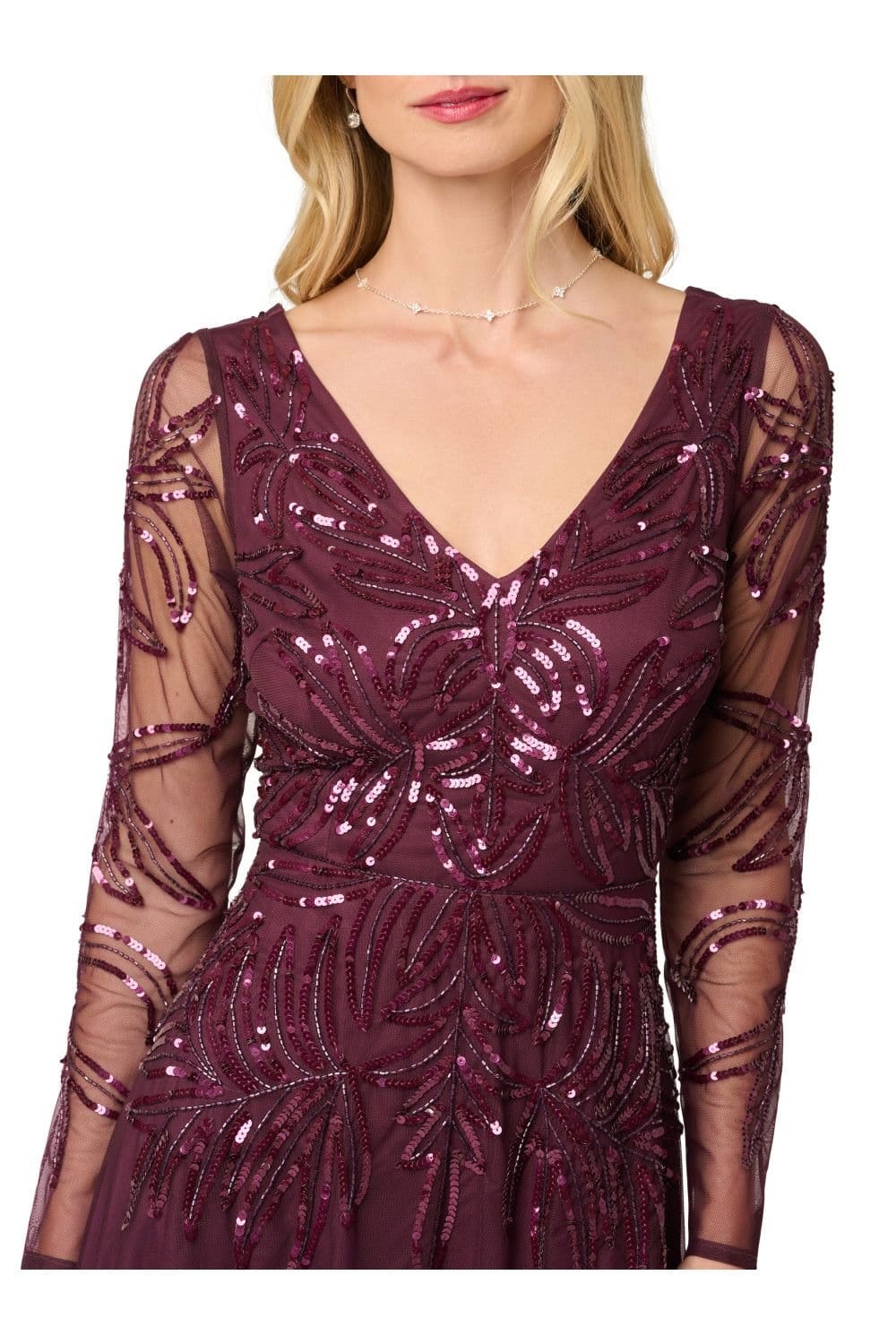 Papell Studio Papell Studio Women's Beaded V Neck Long Dress in Wine - 4
