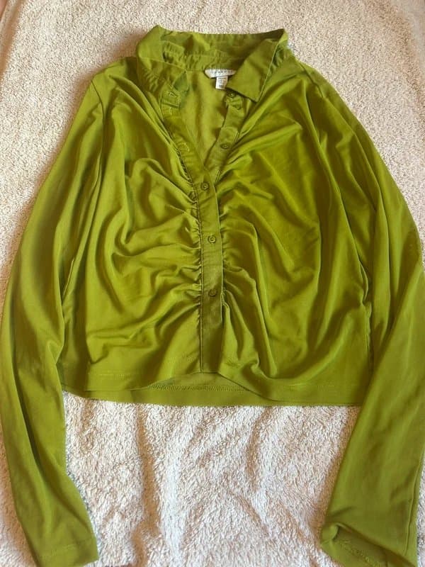 Topshop Topshop Petite lime green ruched mesh blouse long sleeve button top Y2K sheer womens trendy