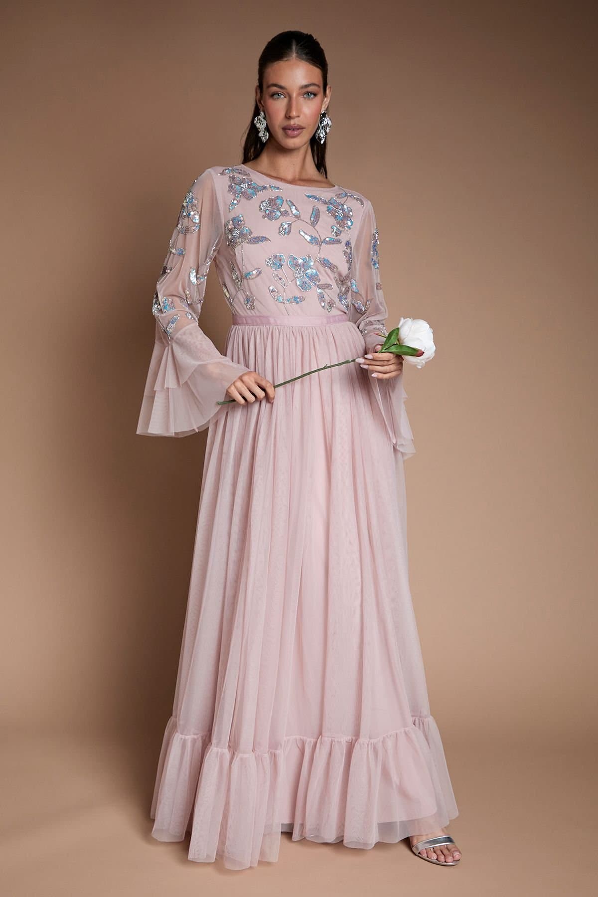 Coast Coast Women's Sequin Long Sleeve Ruffle Mesh Maxi Bridesmaid Dress in Dusty Rose