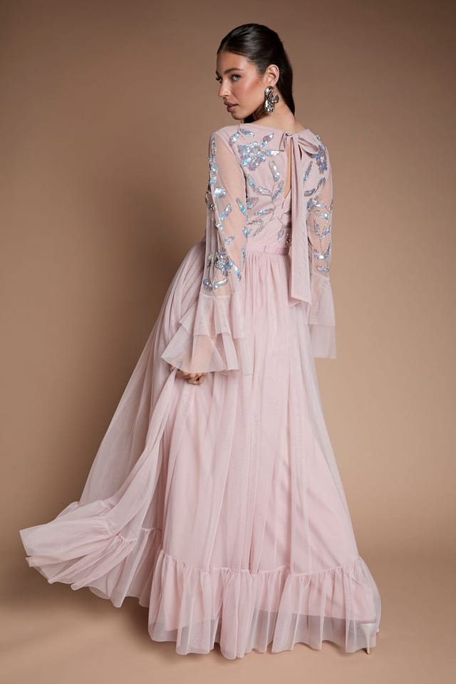 Coast Coast Women's Sequin Long Sleeve Ruffle Mesh Maxi Bridesmaid Dress in Dusty Rose - 3
