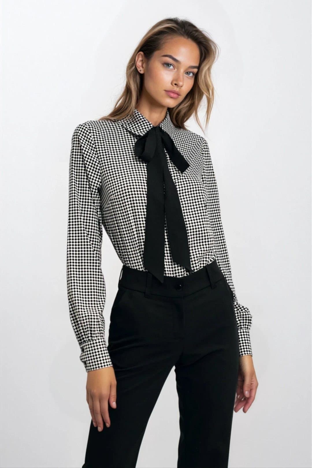 Love Lace Love Lace Women's Work Bow Long Sleeve Shirt Tailored Print in Black