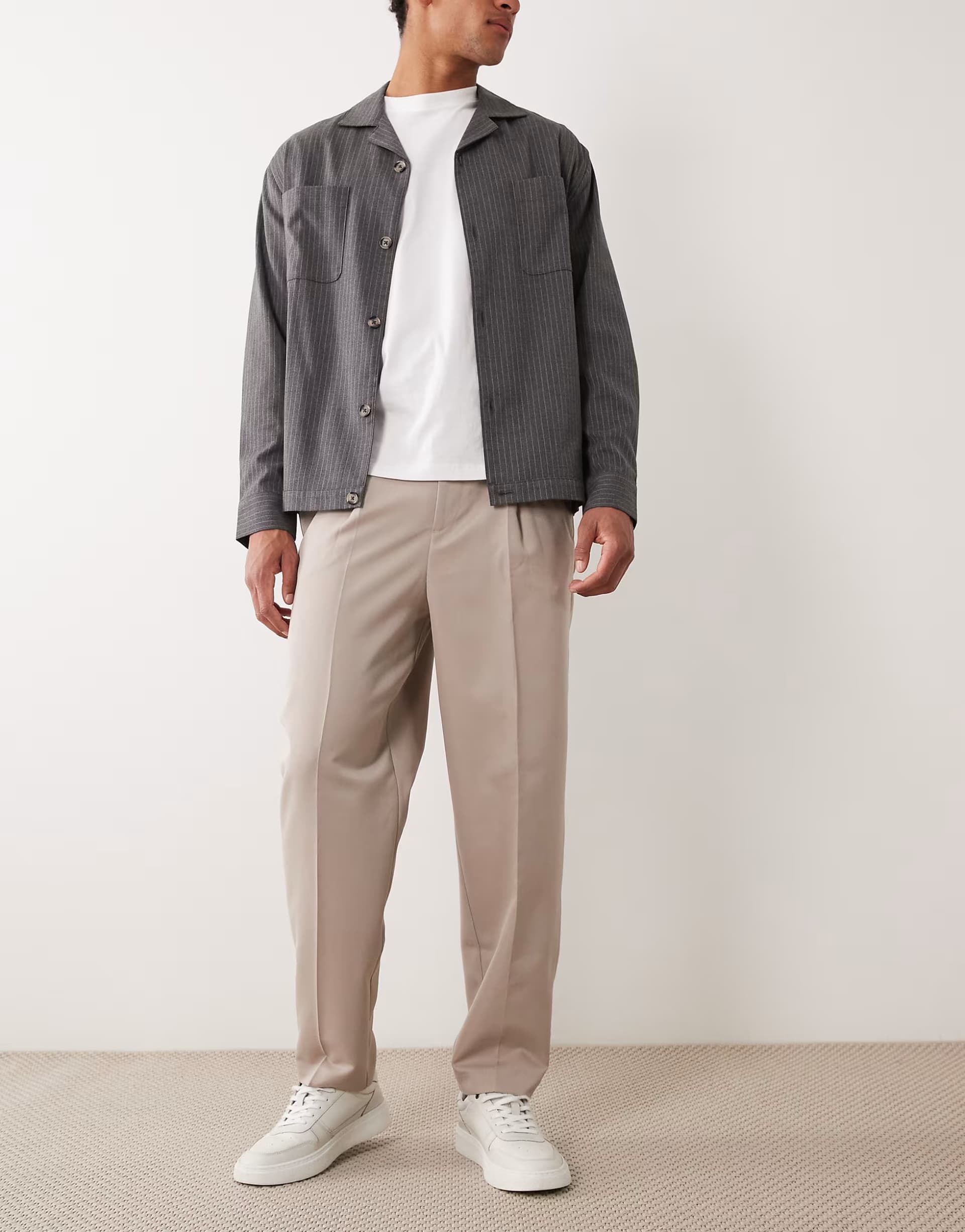 ASOS ASOS DESIGN smart pleated relaxed tapered trousers in stone