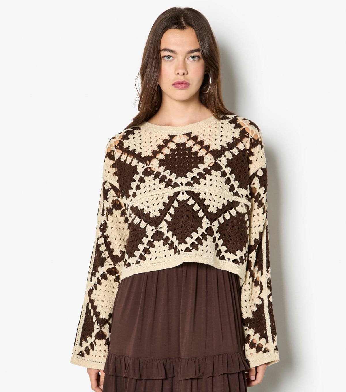 Apricot Stone Diamond Crochet Knit Jumper
