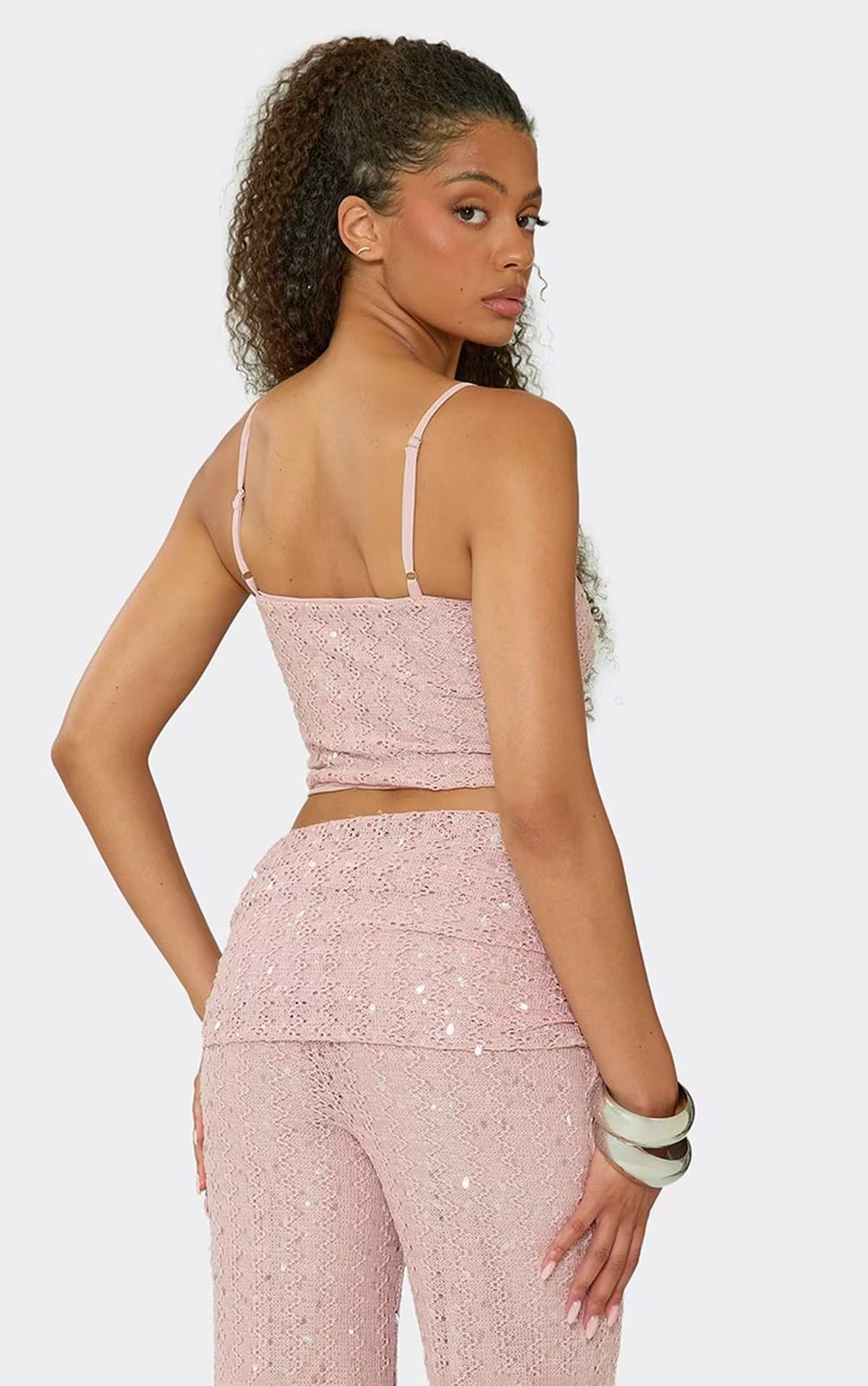 EGO Scoop Neck Zip Up Back Top In Pink Sequin, Women's Size UK 6