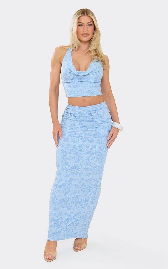 EGO Mid Rise Maxi Skirt In Blue Burnout, Women's Size UK 6 - 2