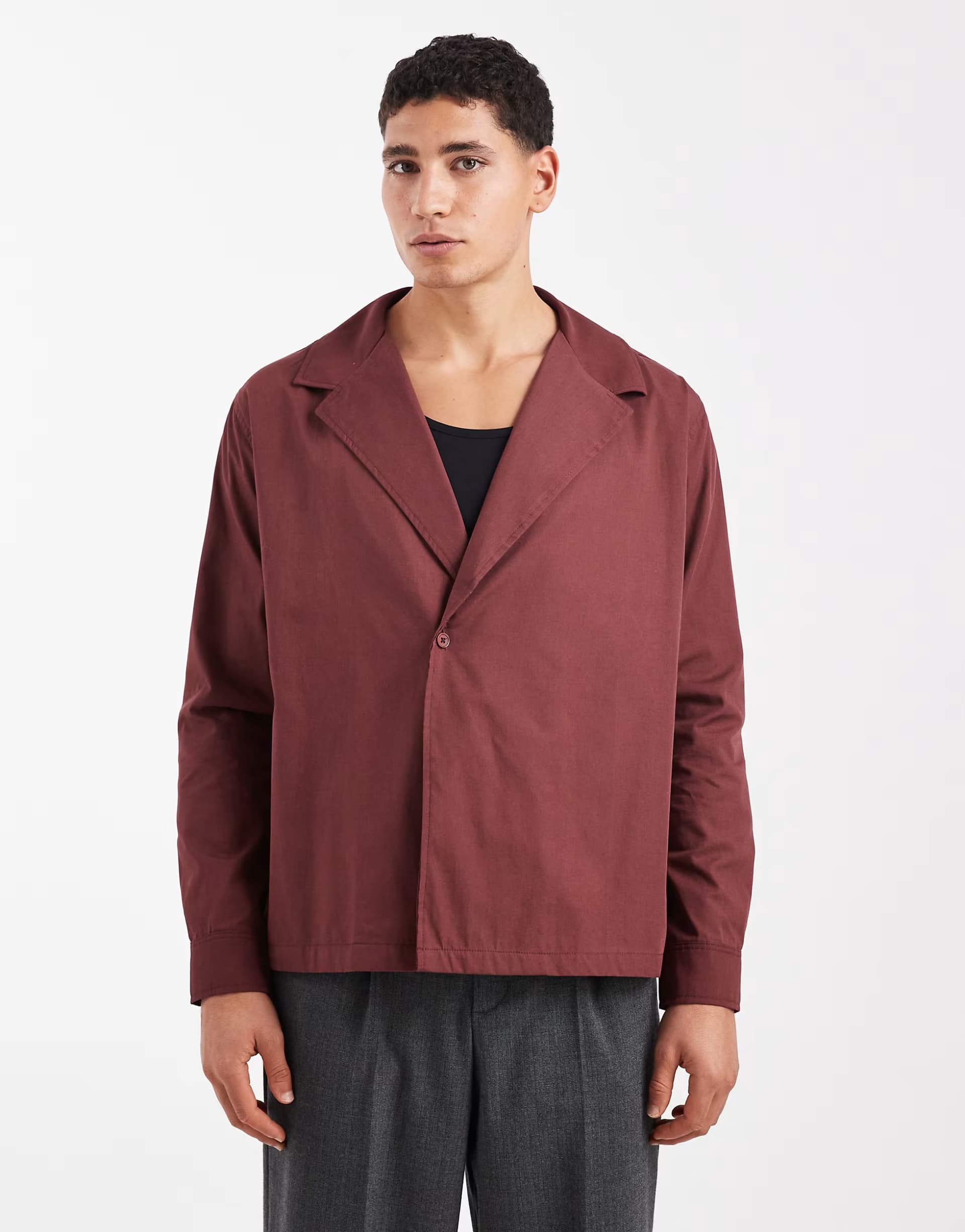 ASOS ASOS DESIGN relaxed shawl collar poplin shirt in burgundy
