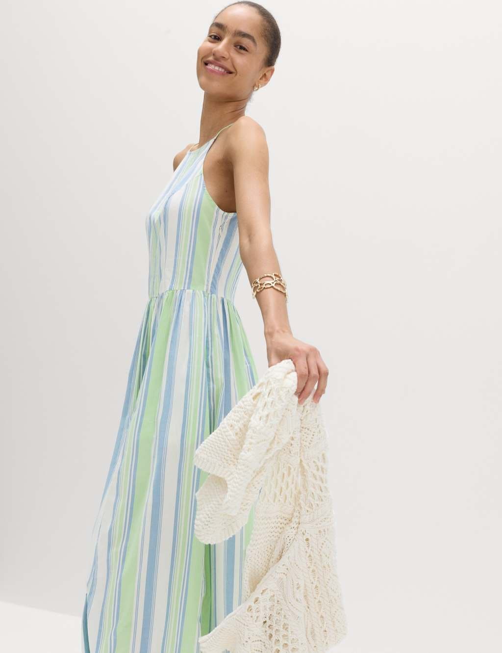 Marks & Spencer M&S Pure Cotton Striped Midaxi Waisted Dress Multi