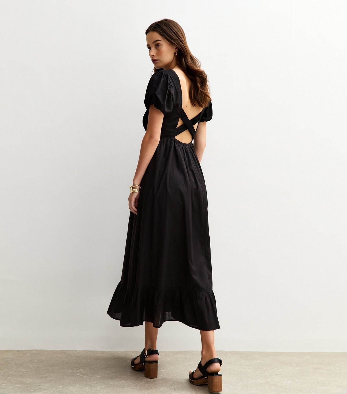 New Look Women's Black Puff Sleeve Tiered Hem Midi Dress New Look - 2