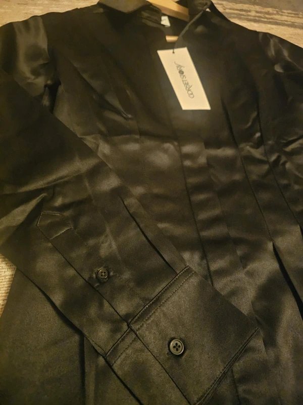 Corset Story Corset Story Black Satin Darted Waist Long Sleeve Short Shirt Dress Size 6 UK - 1