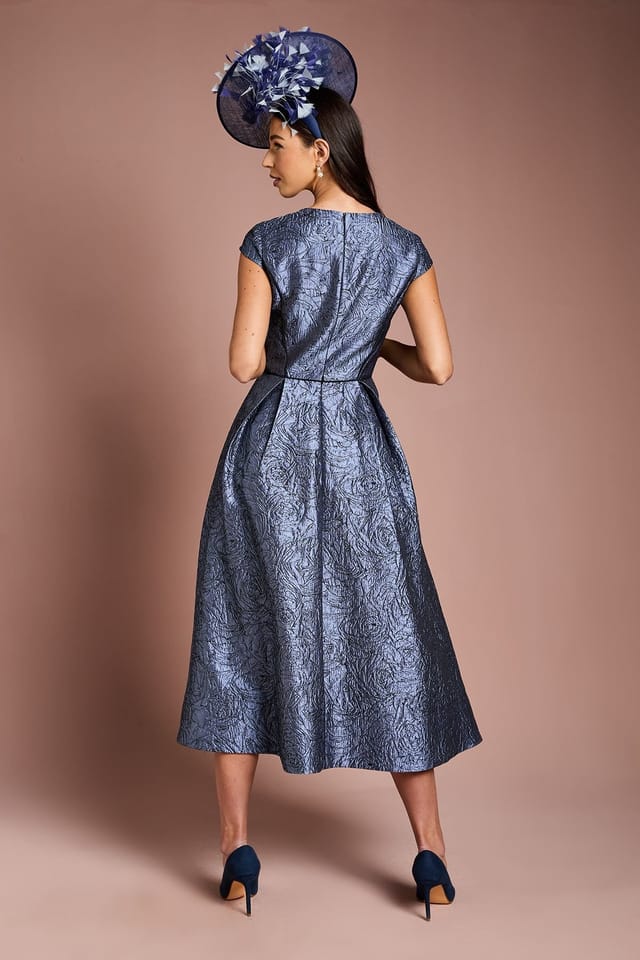 Coast Coast Women's Lisa Tan Cap Sleeve Jacquard Full Skirted Midi Dress in Slate - 3