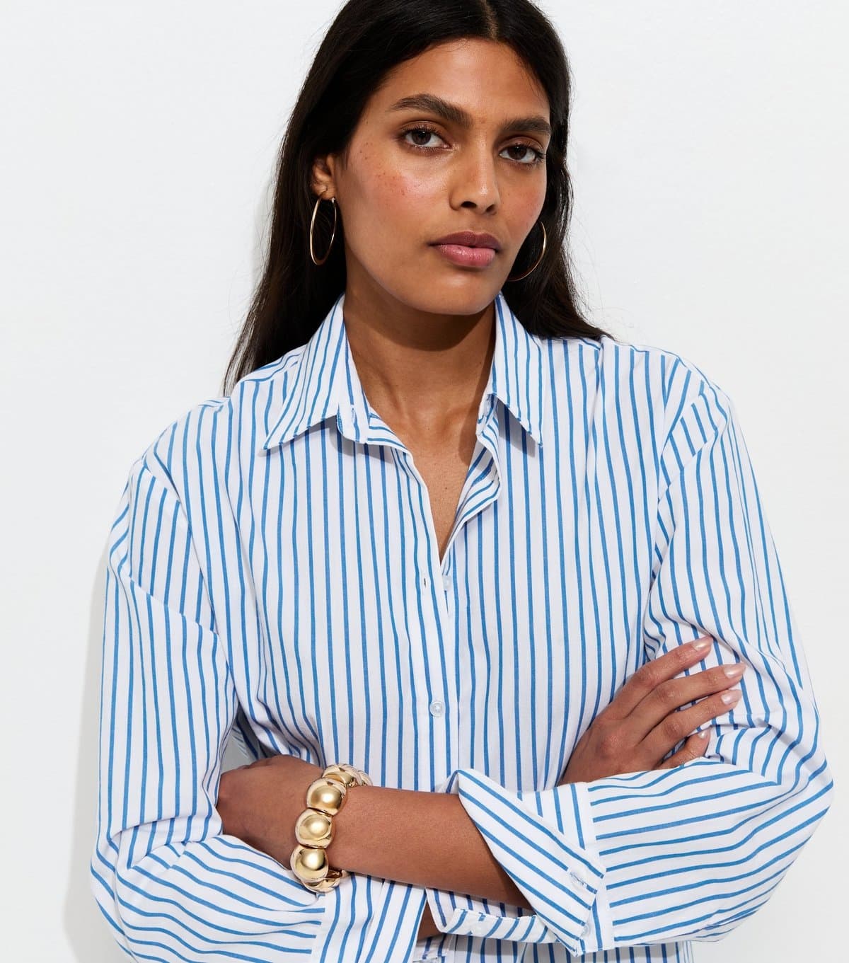 New Look Women's Blue Cotton Striped Oversized Shirt New Look