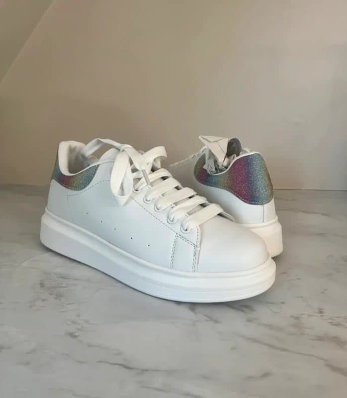 M-Made in Italy Made in Italy White Glitter Rainbow Lace Up Trainers Size 7 New in Box