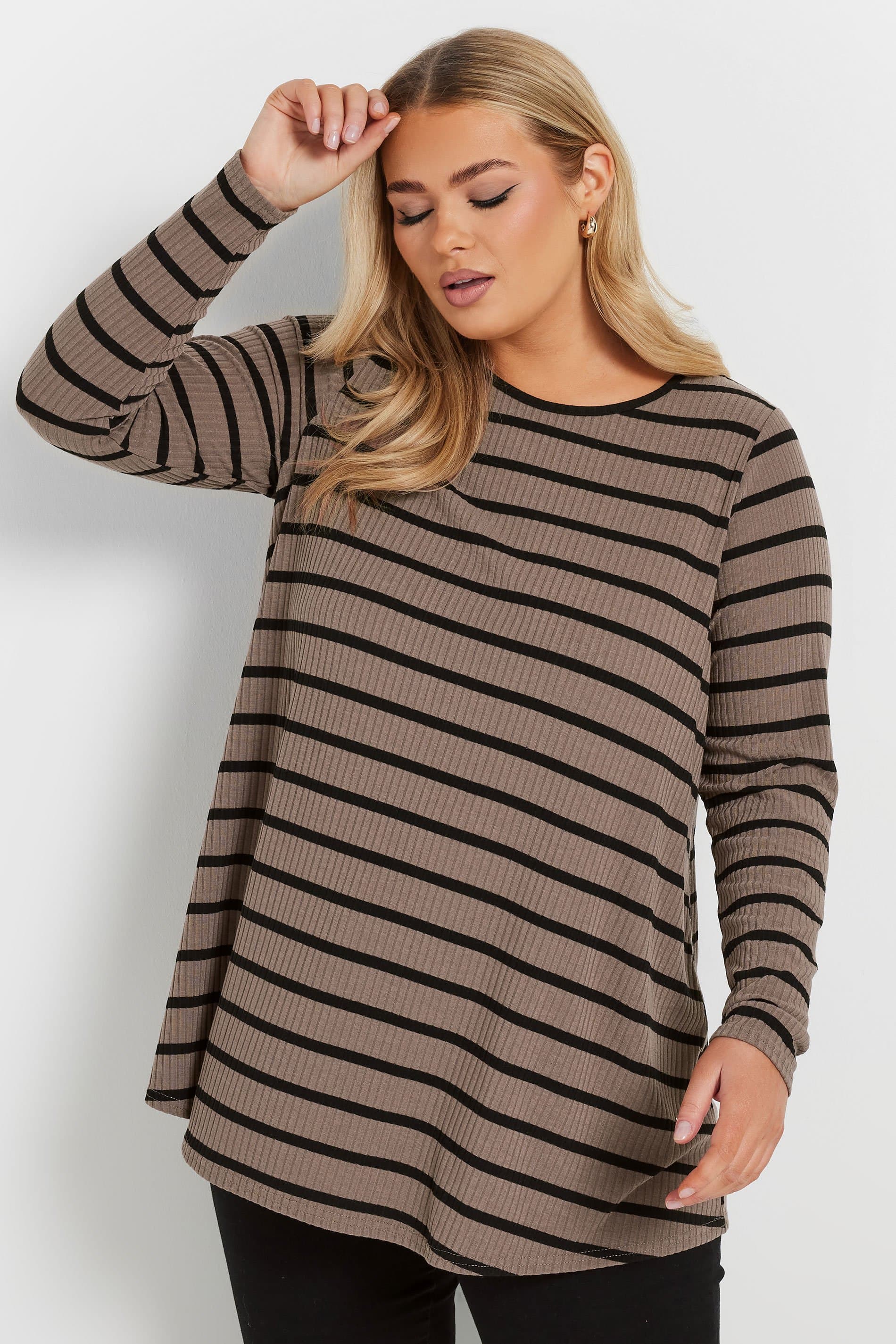 Yours Plus Size Brown Stripe Ribbed Long Sleeve Swing Top