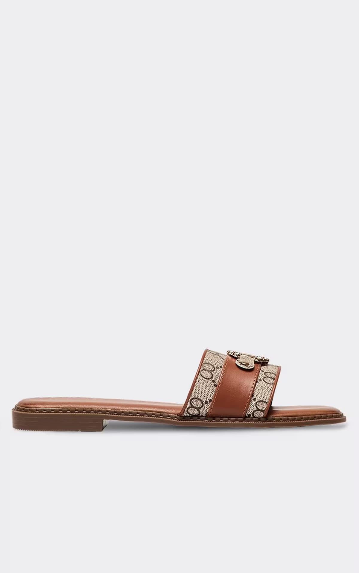 EGO Nullah Diamante Printed Detail Flat Slider Sandal In Tan Brown Faux Leather, Women's Size UK 3
