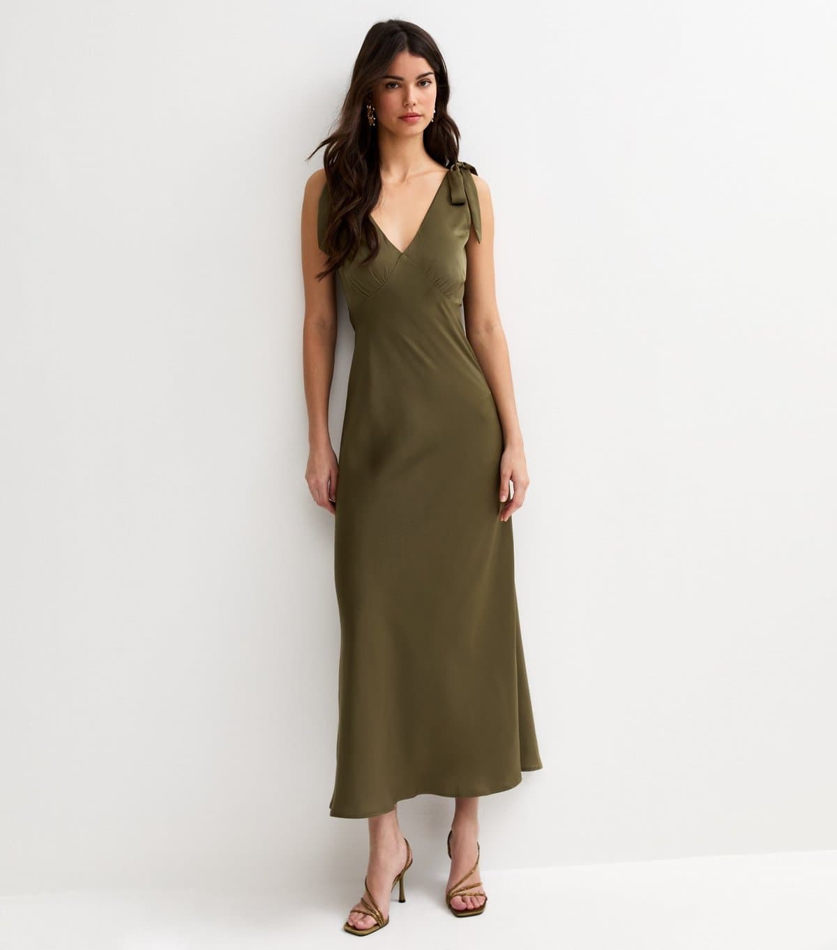 New Look Women's Light Khaki Tie Shoulder Plunge Maxi Dress New Look