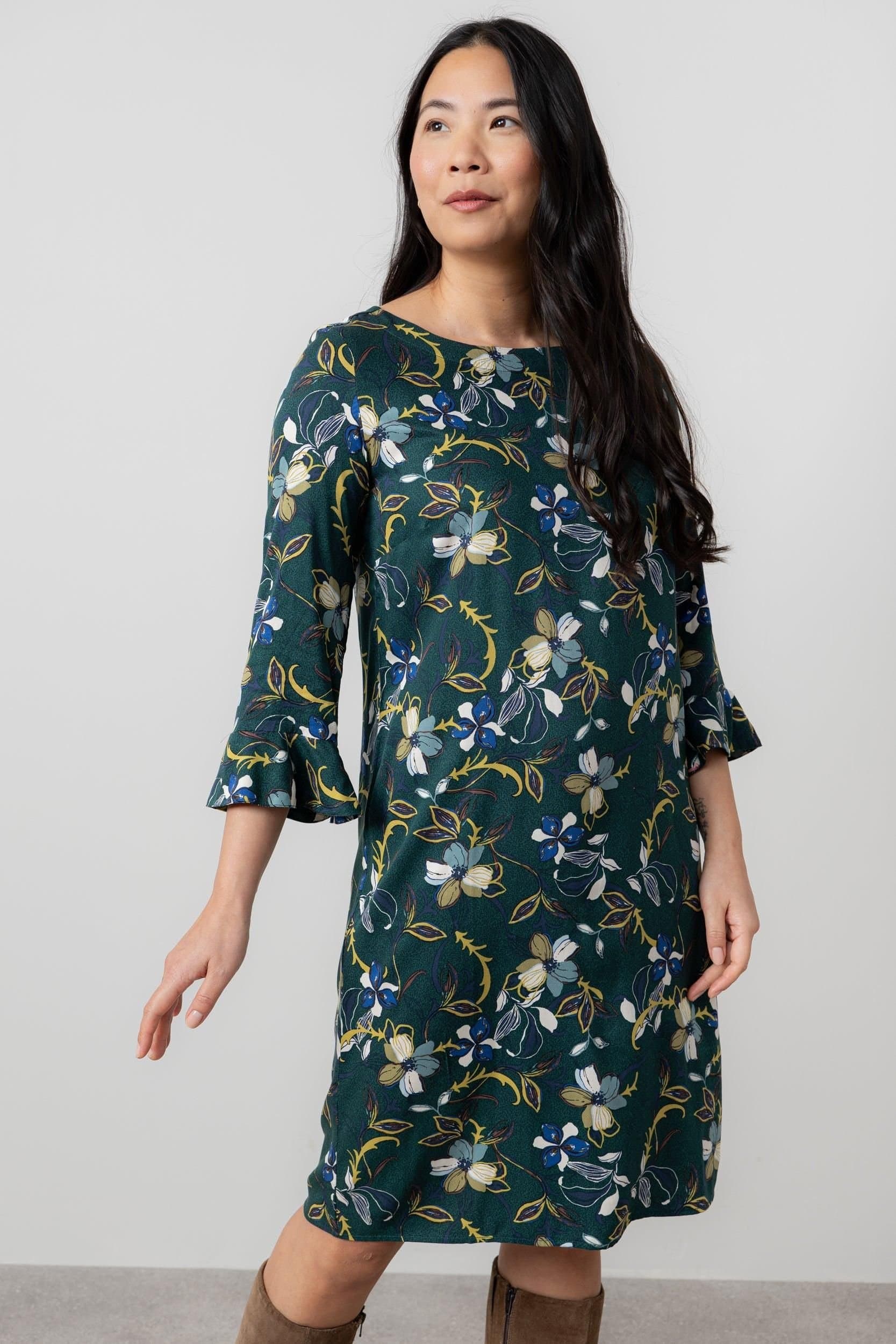 Lily & Me Lily & Me Women's Lotty Fluted Sleeve Woven Viscose Shift Dress with Pull over style in Green