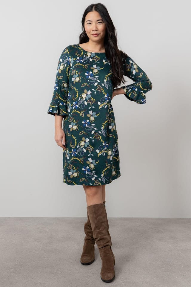 Lily & Me Lily & Me Women's Lotty Fluted Sleeve Woven Viscose Shift Dress with Pull over style in Green - 2