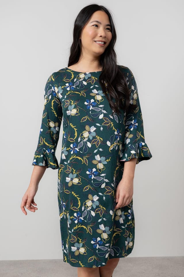 Lily & Me Lily & Me Women's Lotty Fluted Sleeve Woven Viscose Shift Dress with Pull over style in Green - 3