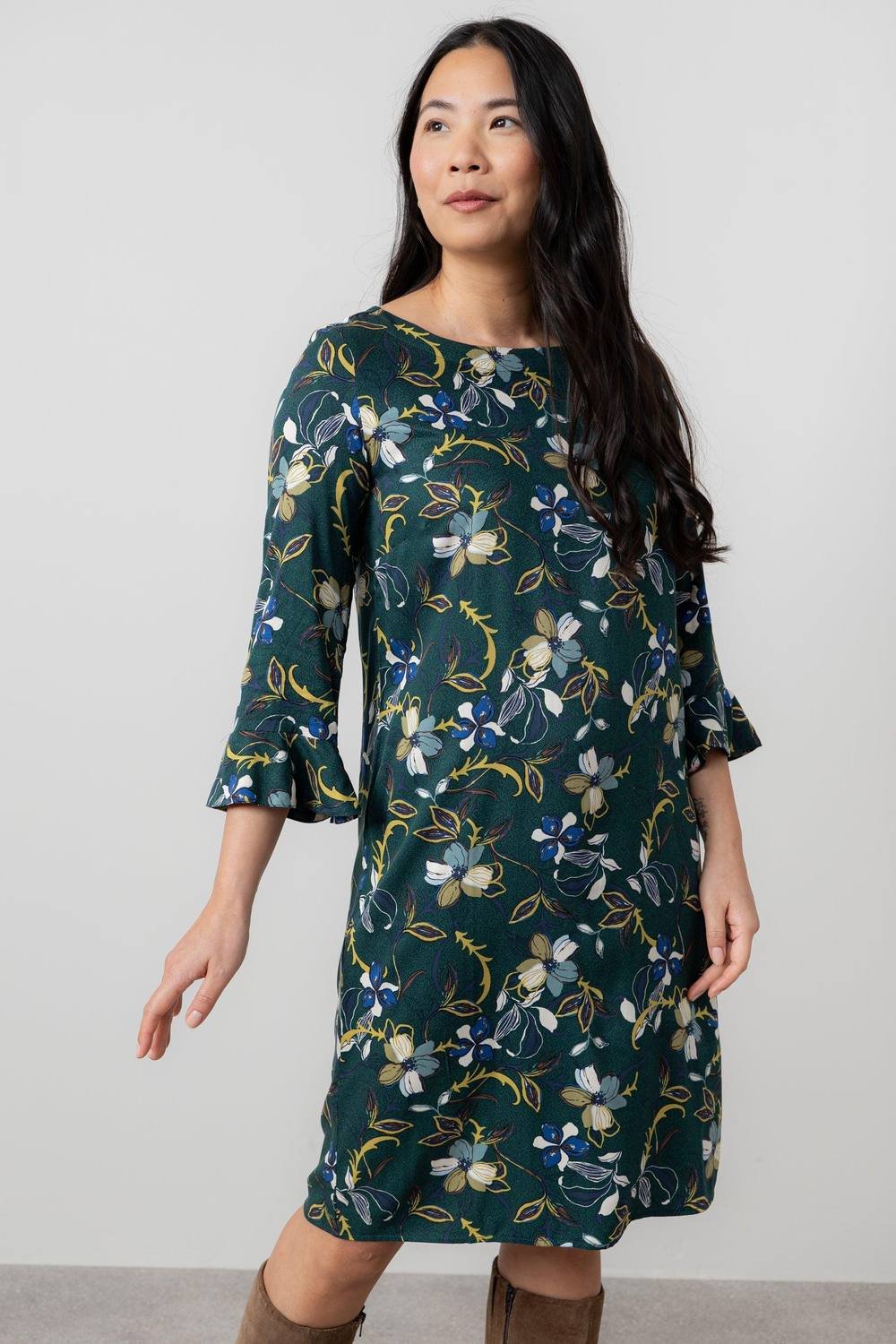 Lily & Me Lily & Me Women's Lotty Fluted Sleeve Woven Viscose Shift Dress with Pull over style in Green - 4
