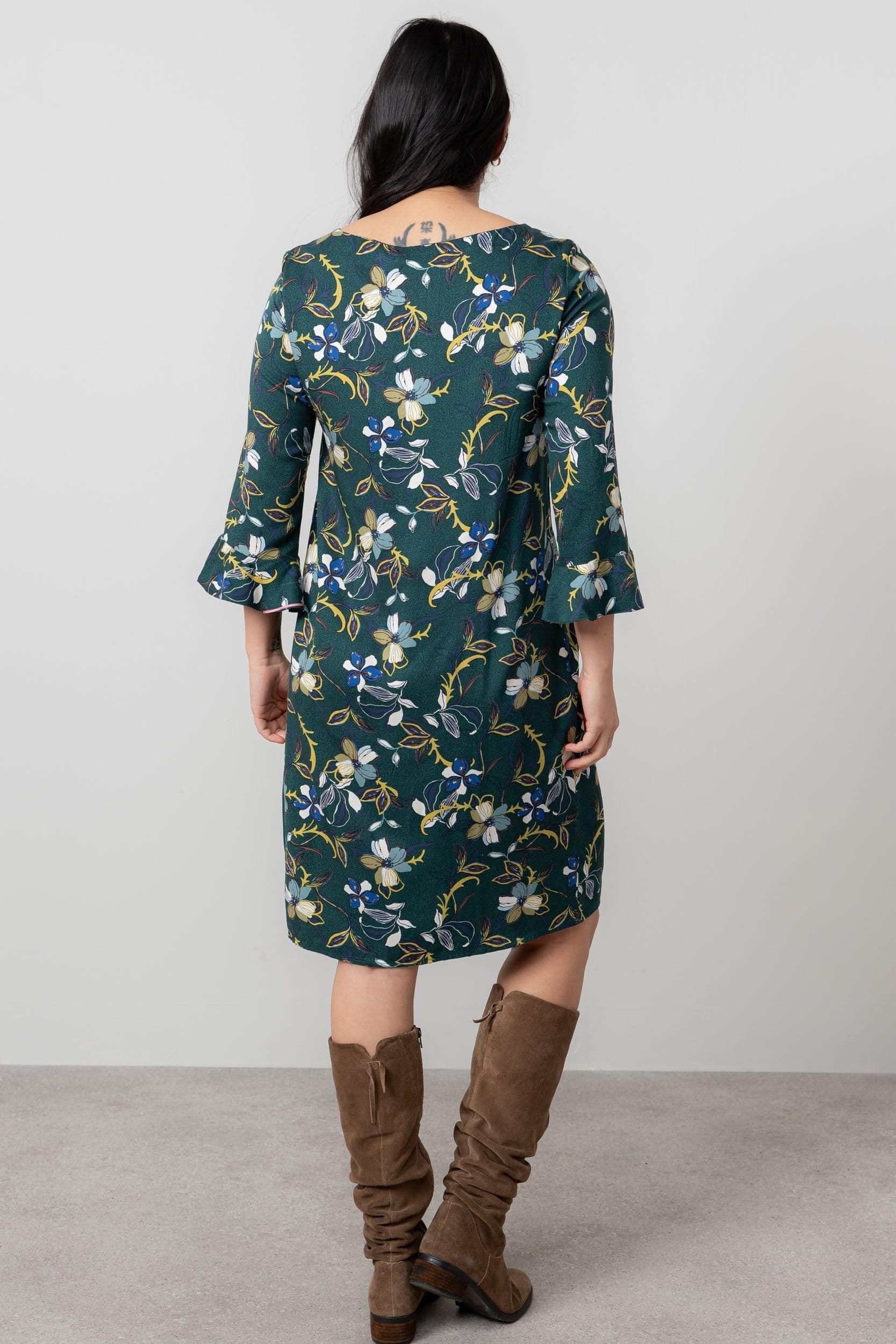 Lily & Me Lily & Me Women's Lotty Fluted Sleeve Woven Viscose Shift Dress with Pull over style in Green - 4