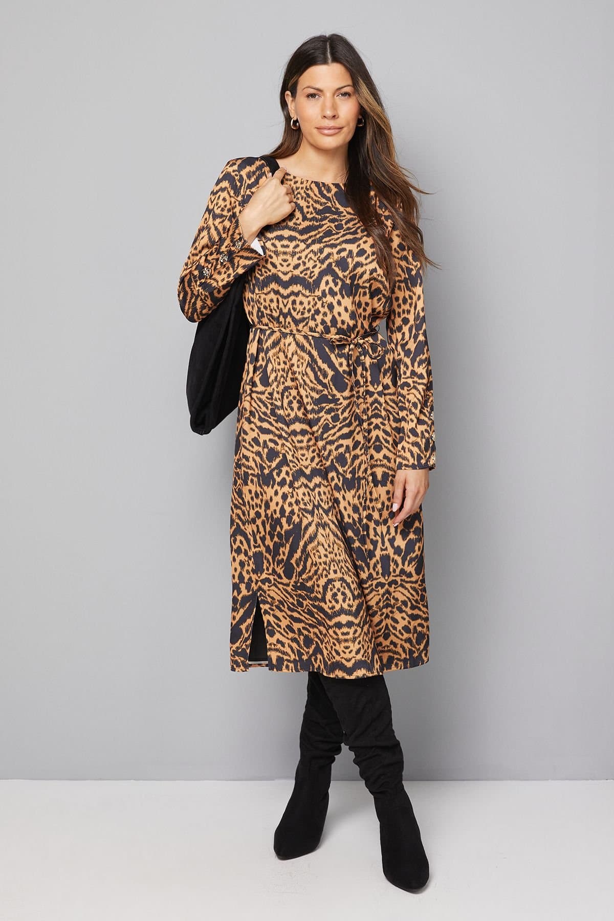 Wallis Wallis Women's Animal Print Belted Column Dress in Black