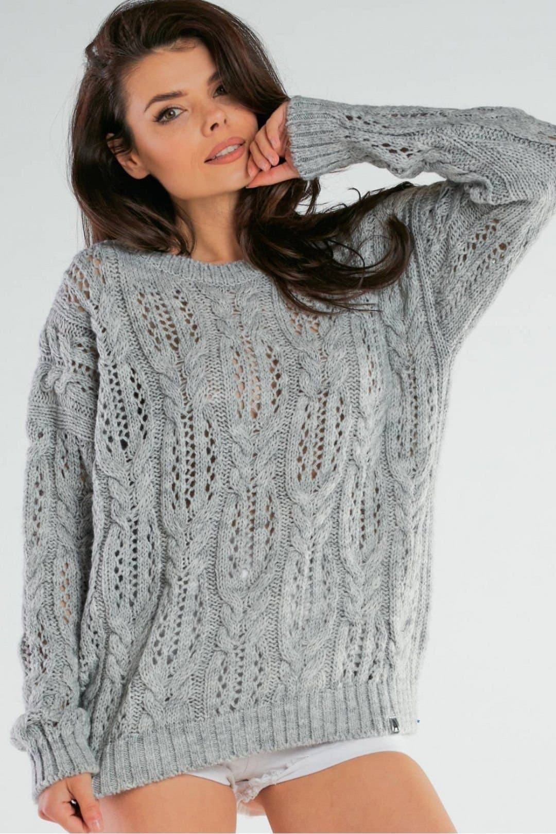Love Lace Love Lace Women's Openwork Boat Neck Long Sleeve Jumper Sweater in Grey