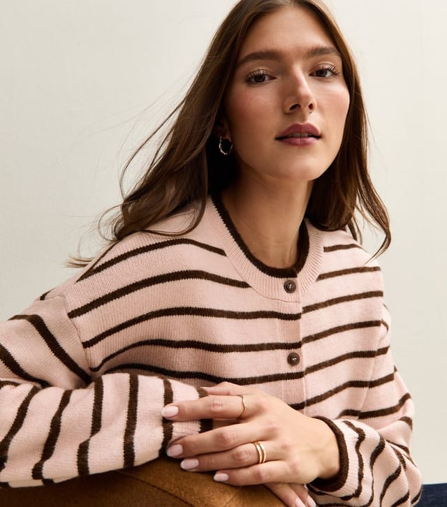 New Look Women's Pink Striped Crew Neck Cardigan New Look - 2