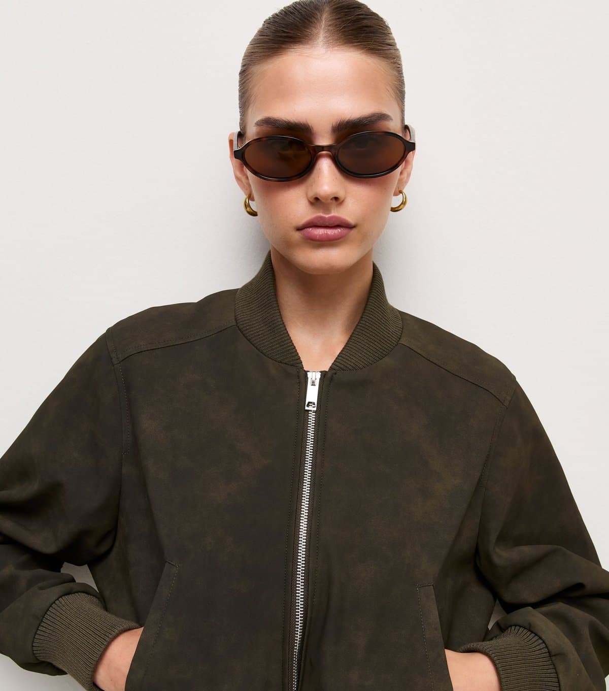 New Look Women's Dark Khaki Faux Suede Bomber Jacket New Look
