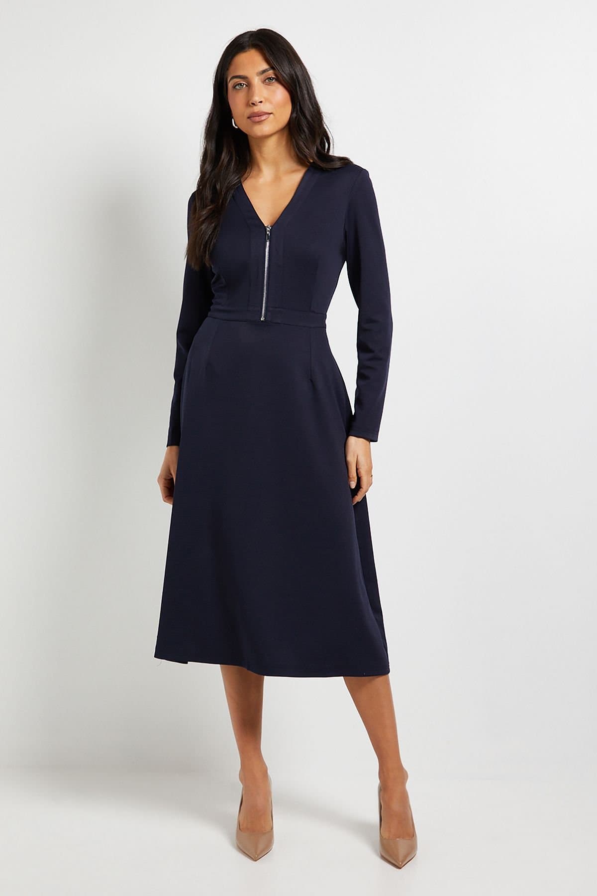 Wallis Wallis Women's Ponte Zip Midi Dress in Navy