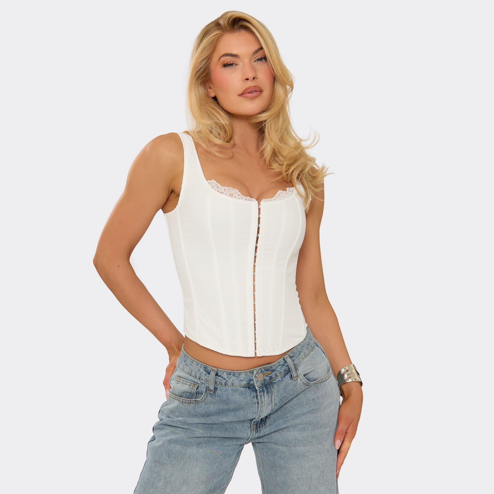 EGO Sleeveless Hook And Eye Front Lace Trim Corset Top In White, Women's Size UK 6