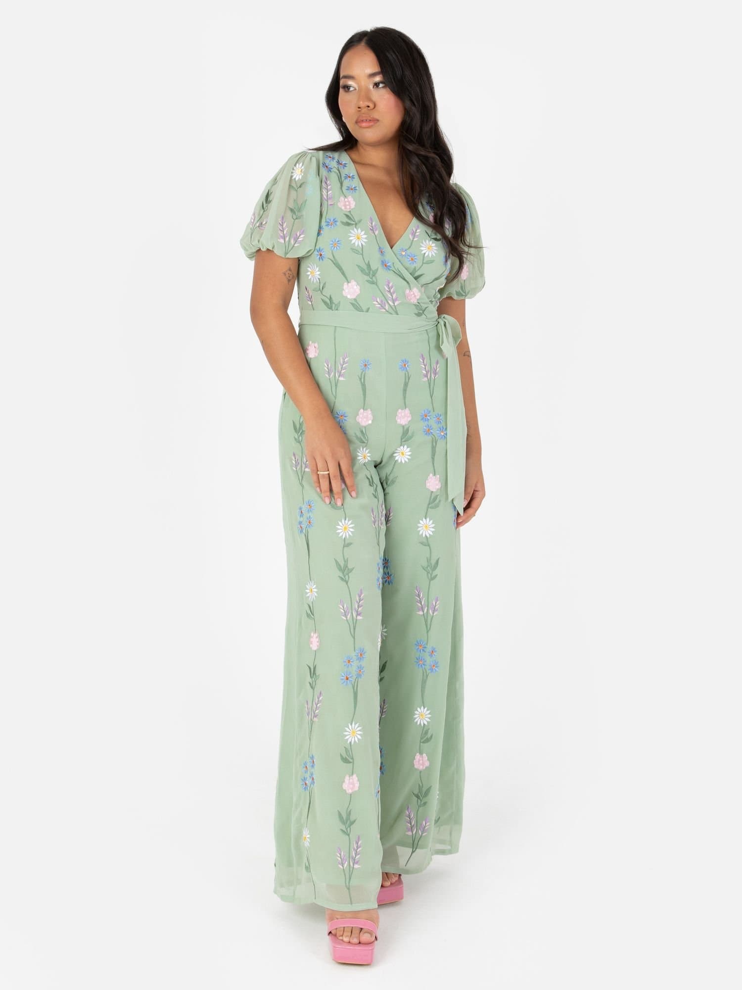 Maya Deluxe Maya Deluxe Women's Embroidered Open Back Jump Suit in Mint