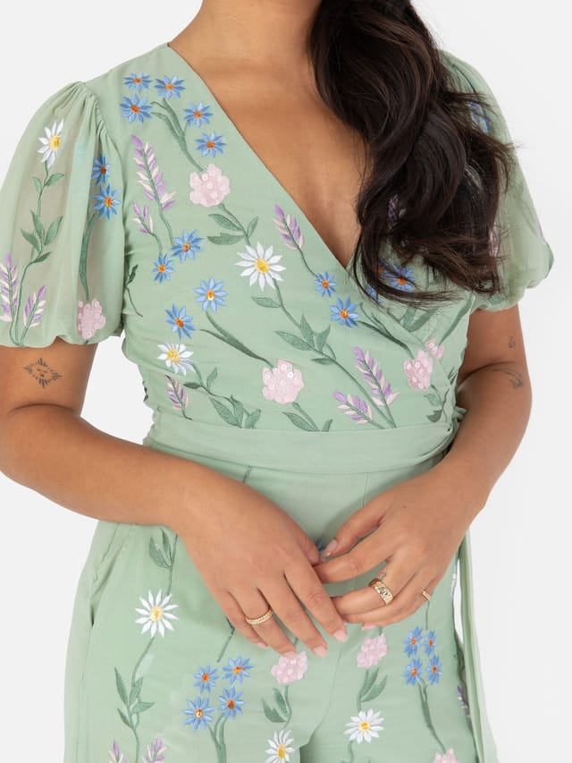 Maya Deluxe Maya Deluxe Women's Embroidered Open Back Jump Suit in Mint - 2