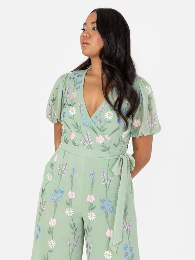 Maya Deluxe Maya Deluxe Women's Embroidered Open Back Jump Suit in Mint - 3