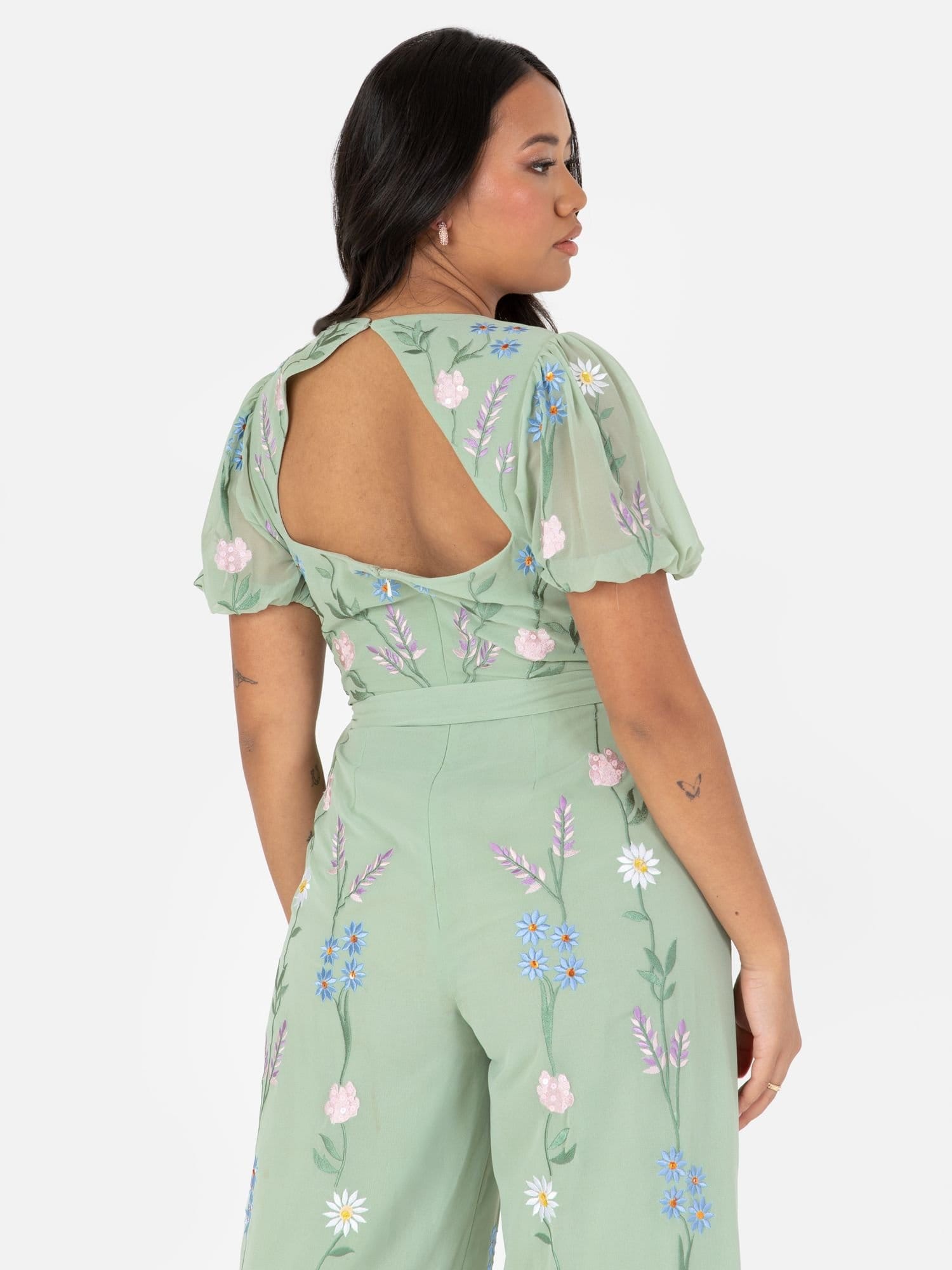 Maya Deluxe Maya Deluxe Women's Embroidered Open Back Jump Suit in Mint - 4
