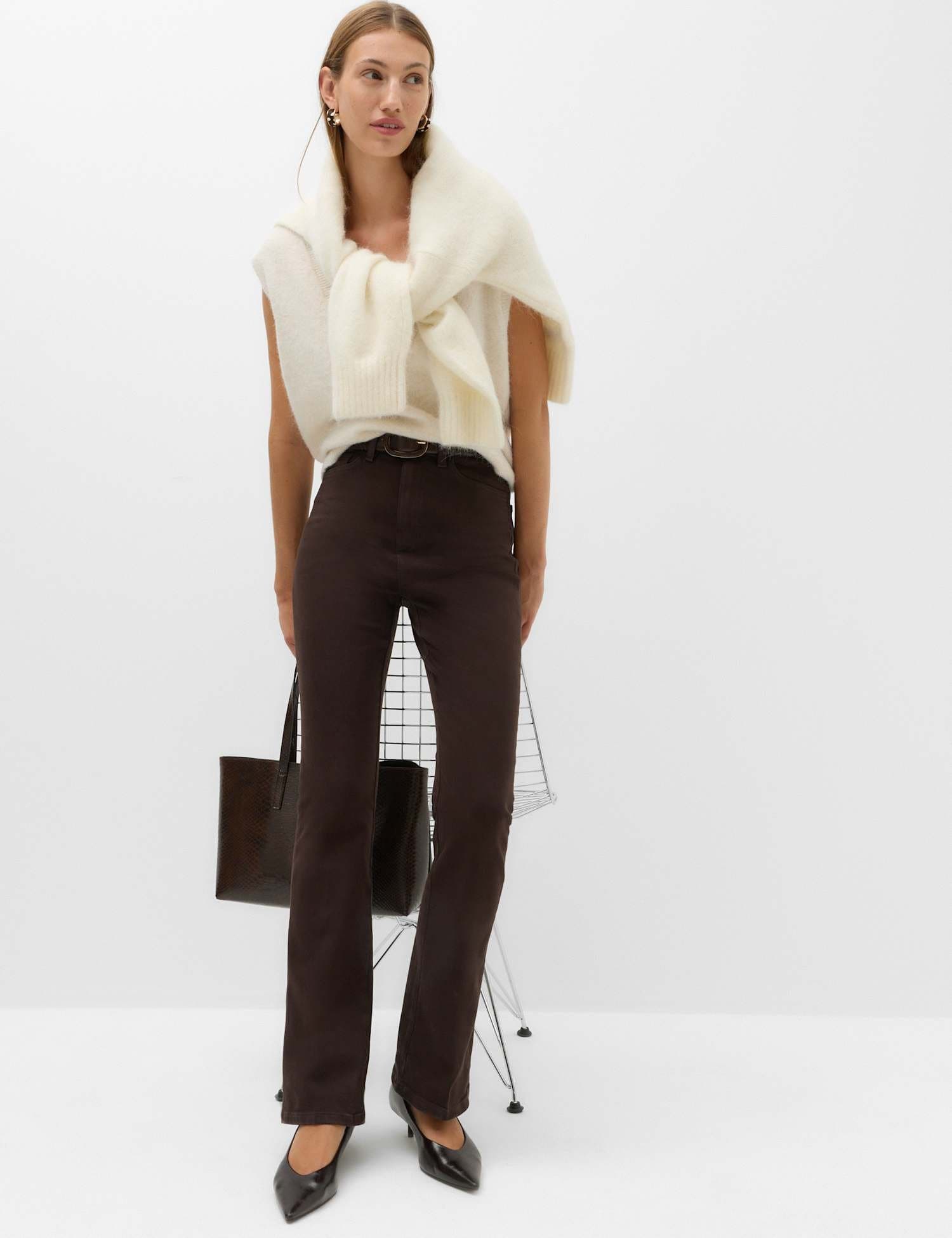 Marks & Spencer M&S Cotton Rich Kick Flare Trousers Chocolate