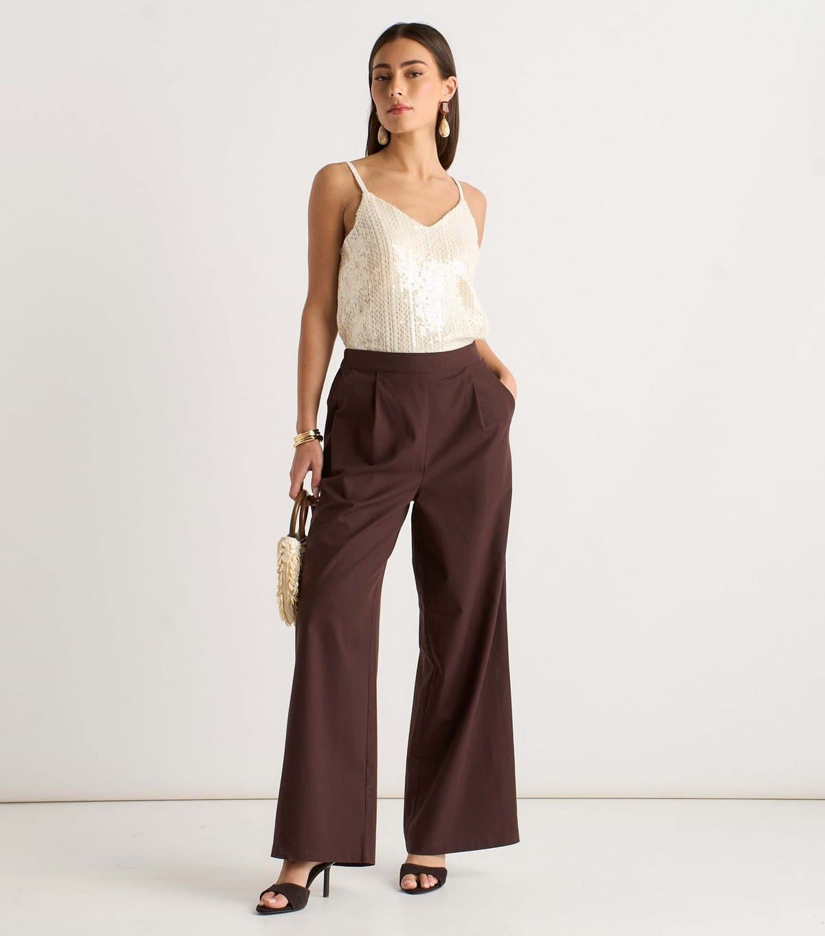 Gini London Women's Dark Brown Linen Mix Wide Leg Trousers Gini London New Look