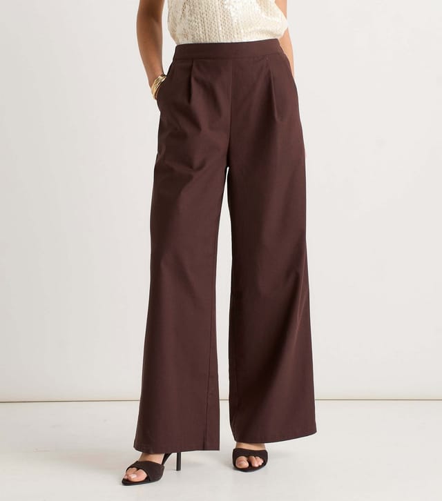 Gini London Women's Dark Brown Linen Mix Wide Leg Trousers Gini London New Look - 2