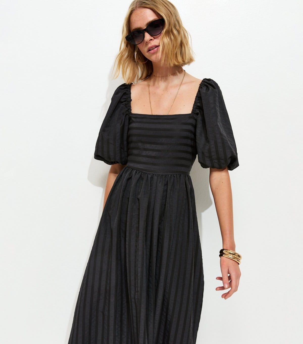 New Look Black Striped Puff Sleeve Midi Dress