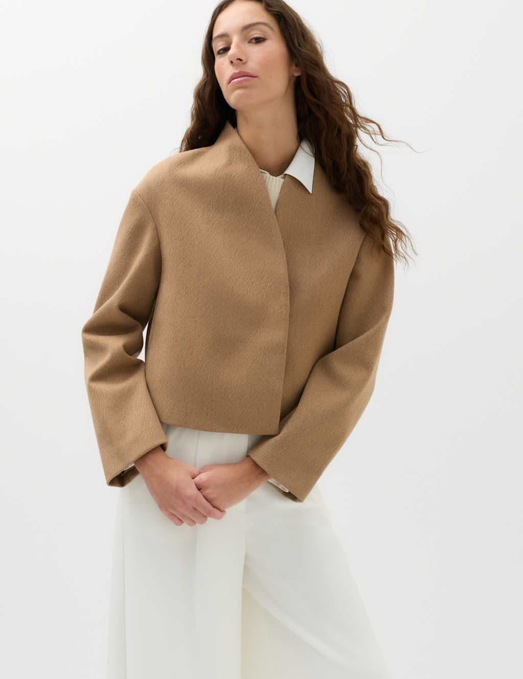 Marks & Spencer M&S Textured Wrap Collar Short Jacket Caramel