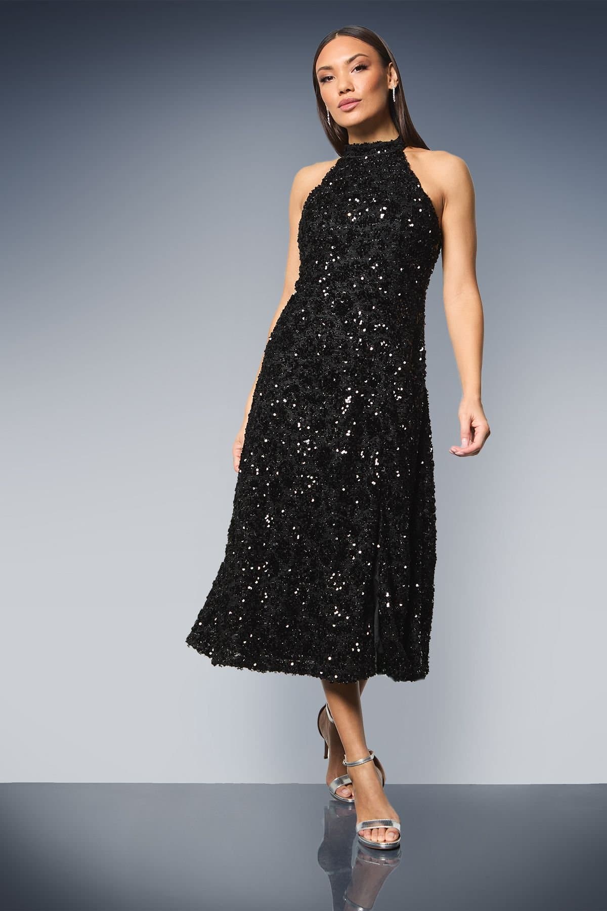 Principles Principles Women's Tie Back Halterneck Sequin Fit & Flare Midi Dress in Black