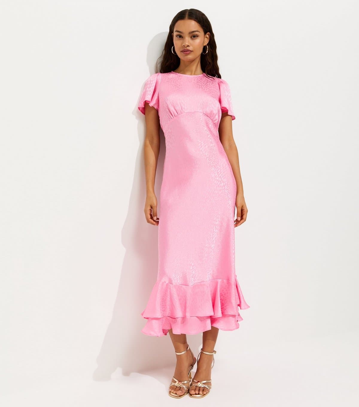 New Look Women's Petite Light Pink Feather Jacquard Satin Midi Dress New Look