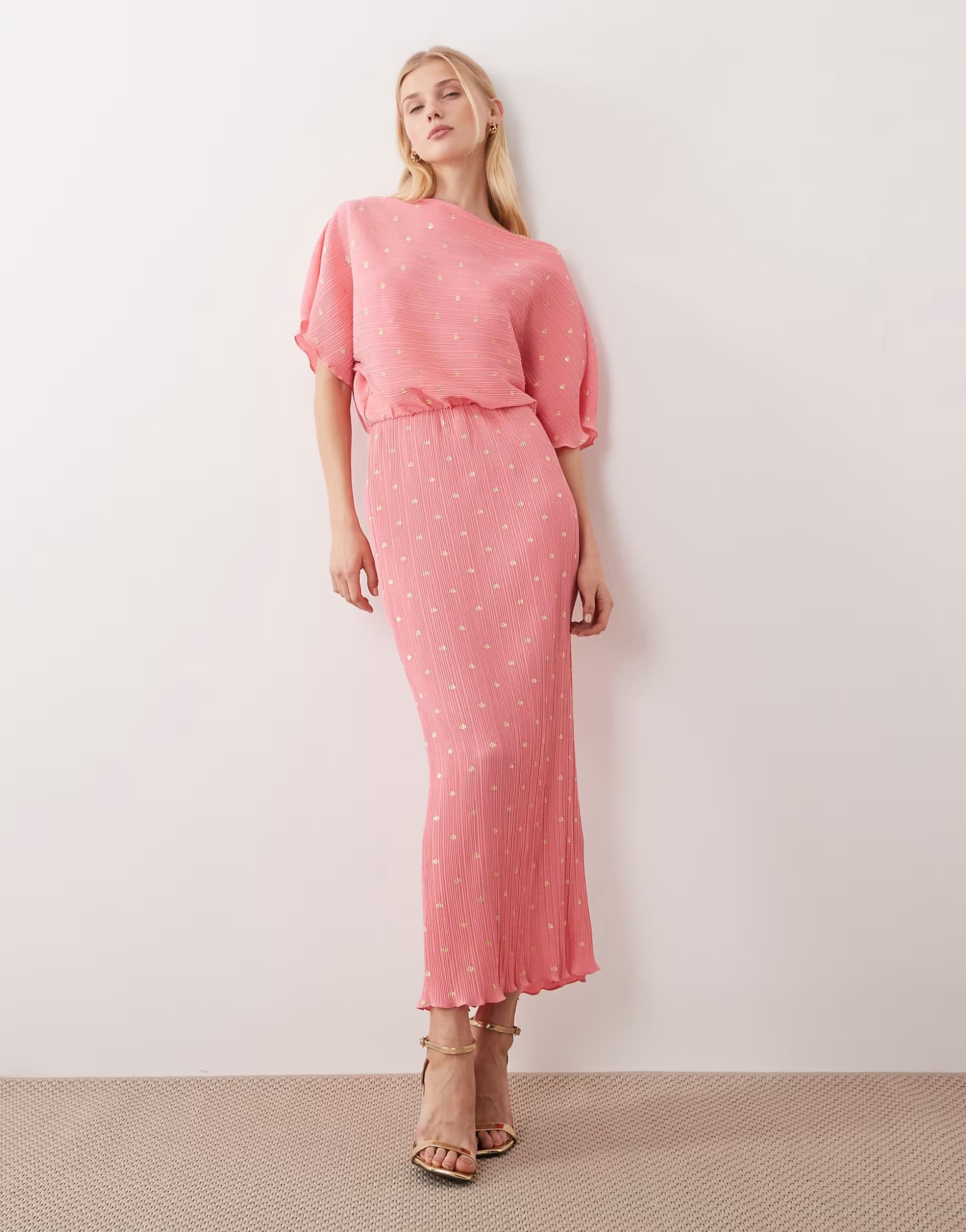 ASOS Never Fully Dressed Tilly off shoulder plisse maxi dress in metalic pink spot