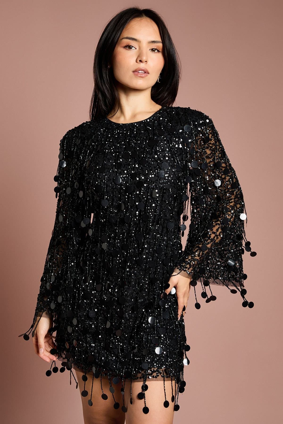 Coast Coast Women's Petite Party Sequin Tassel Long Sleeve Midi Dress in Black