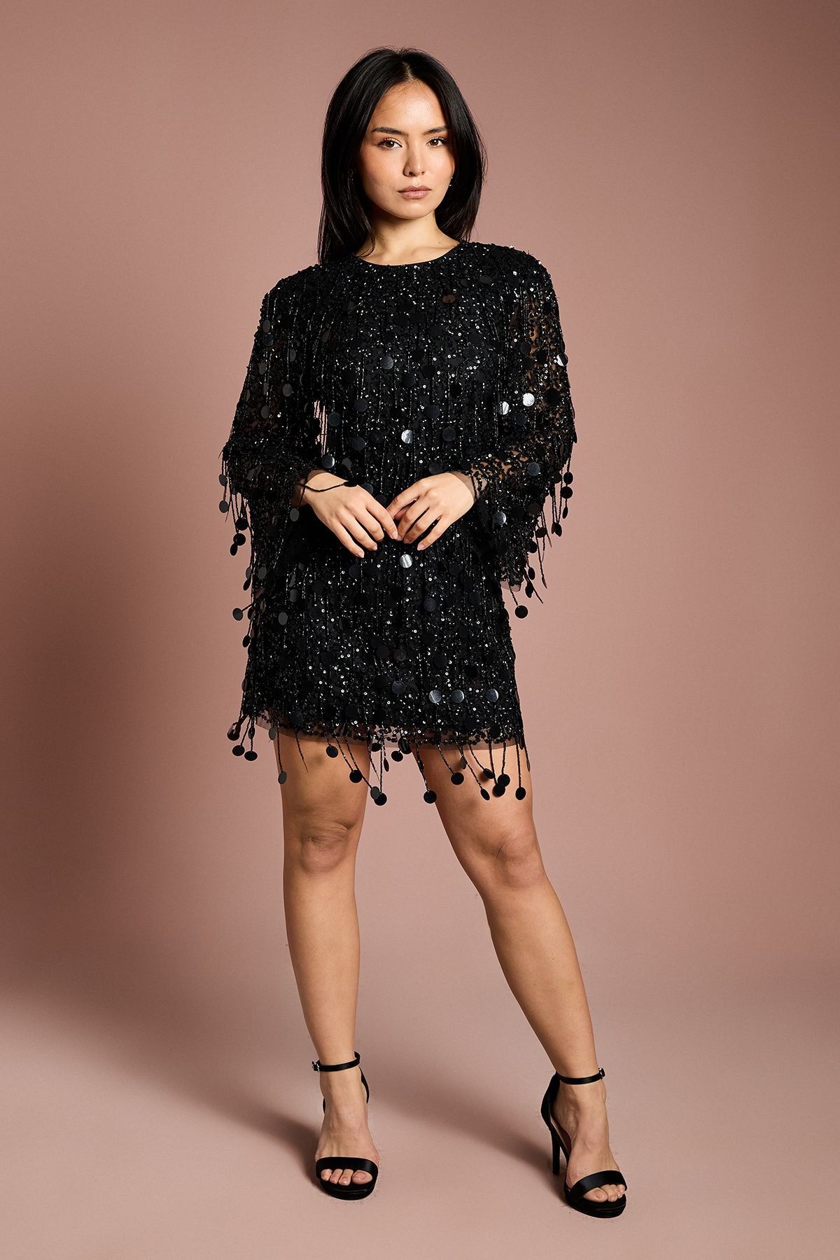 Coast Coast Women's Petite Party Sequin Tassel Long Sleeve Midi Dress in Black - 4