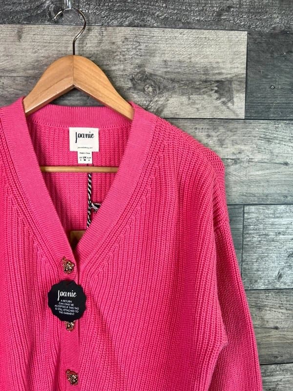 Joanie Joanie Piper Chunky Knit Cardigan Size Medium Pink Leopard Button Funky Statement