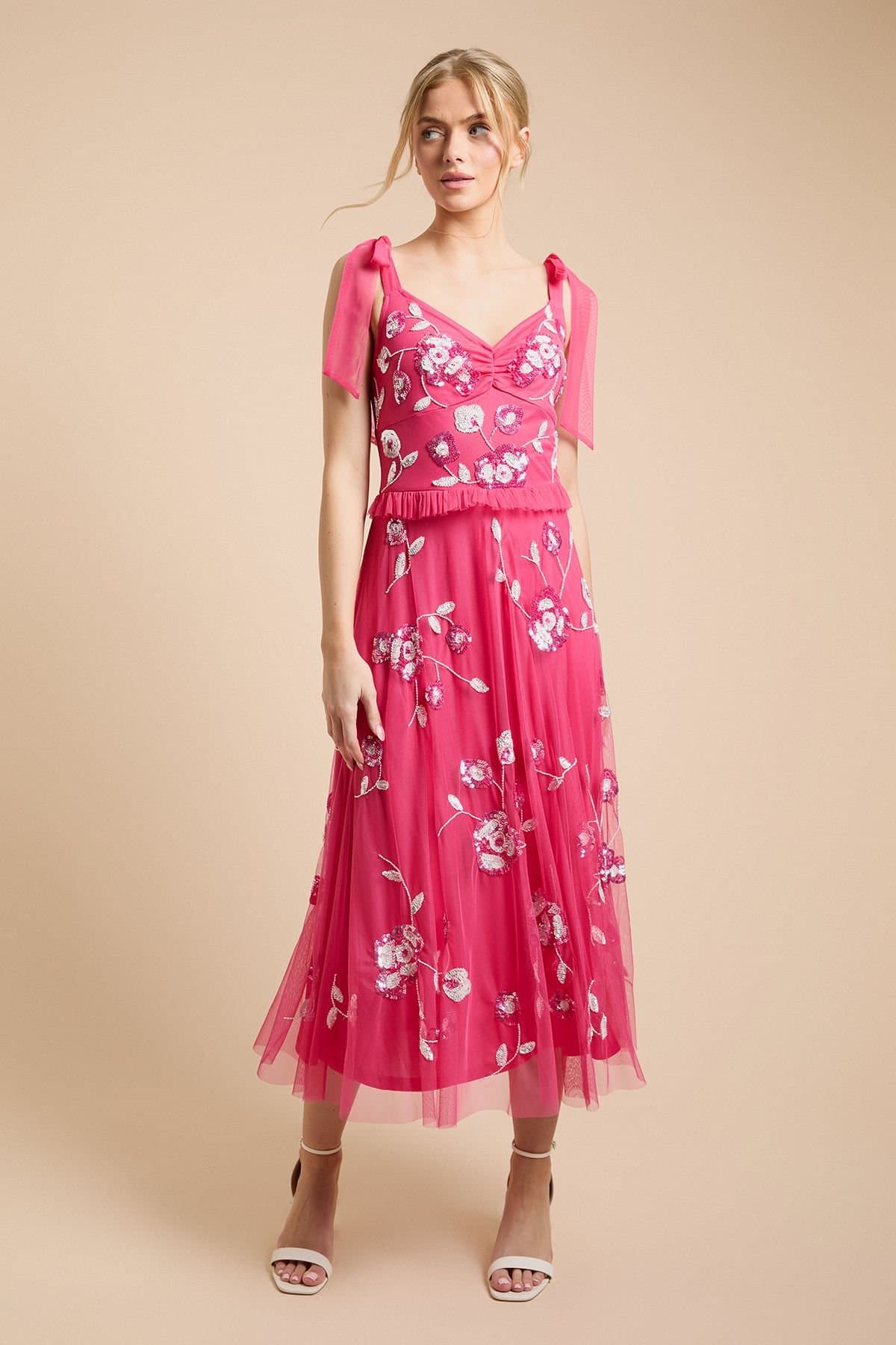 Oasis Oasis Women's Tie Shoulder Floral Embellished Midaxi Dress in Hot Pink