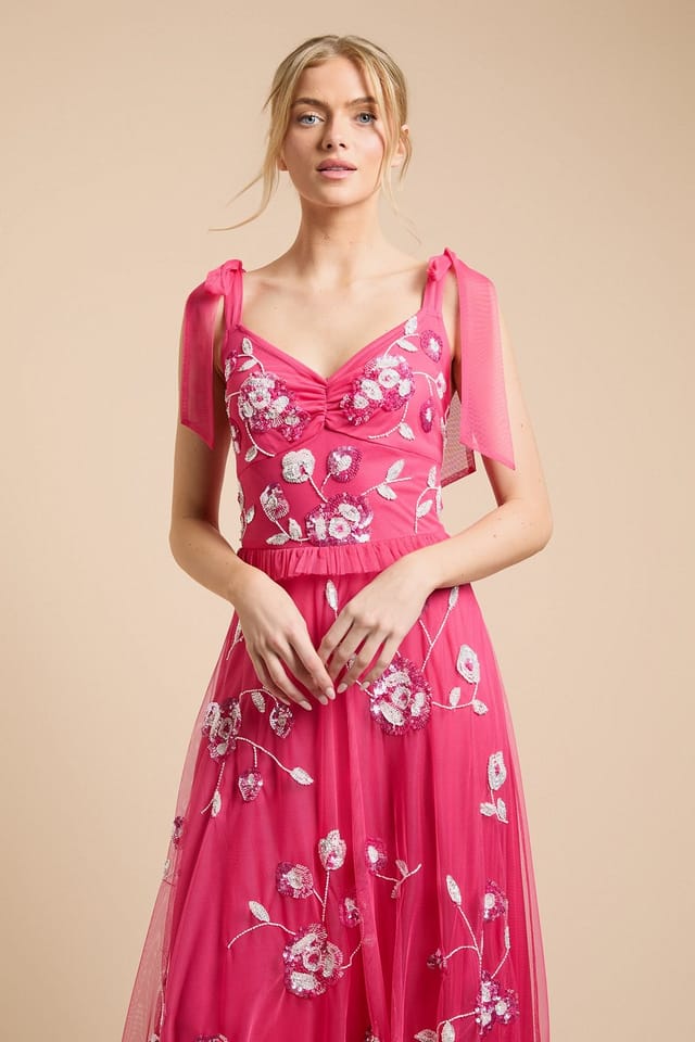 Oasis Oasis Women's Tie Shoulder Floral Embellished Midaxi Dress in Hot Pink - 2
