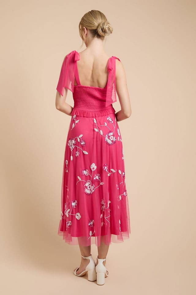 Oasis Oasis Women's Tie Shoulder Floral Embellished Midaxi Dress in Hot Pink - 3